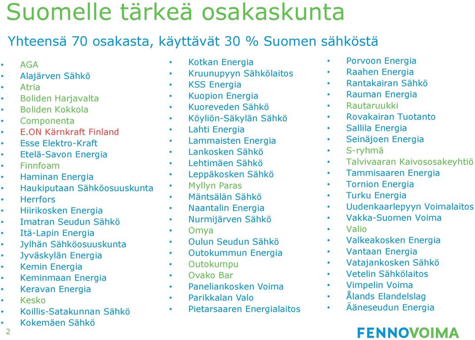 Sähköosuuskunta Jyväskylän Energia Kemin Energia Keminmaan Energia Keravan Energia Kesko Koillis-Satakunnan Sähkö Kokemäen Sähkö 2 Kotkan Energia Kruunupyyn Sähkölaitos KSS Energia Kuopion Energia