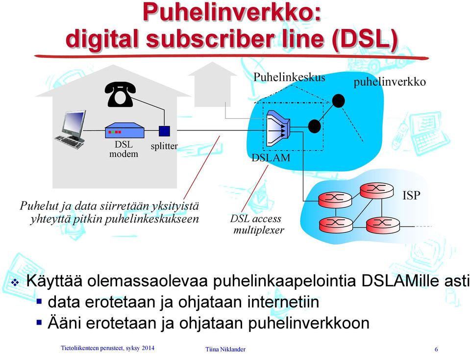 ISP Käyttää olemassaolevaa puhelinkaapelointia DSLAille asti data erotetaan ja ohjataan