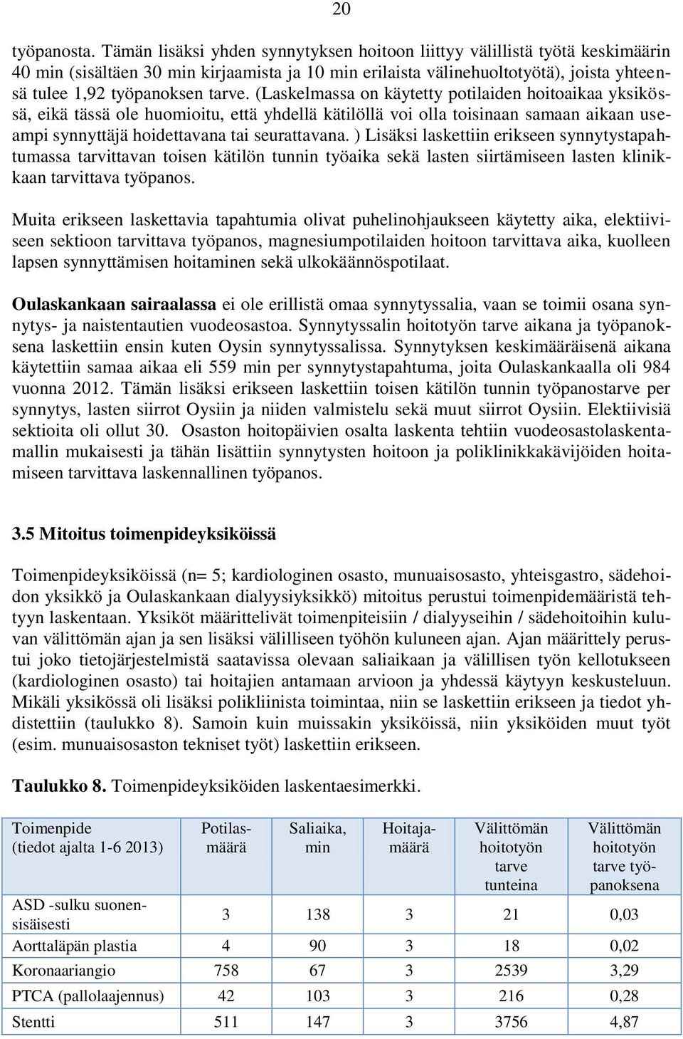 (Laskelmassa on käytetty potilaiden hoitoaikaa yksikössä, eikä tässä ole huomioitu, että yhdellä kätilöllä voi olla toisinaan samaan aikaan useampi synnyttäjä hoidettavana tai seurattavana.