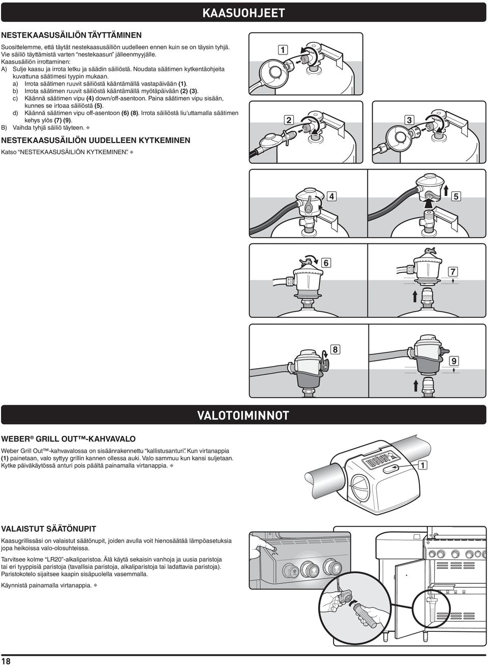 a) Irrota säätimen ruuvit säiliöstä kääntämällä vastapäivään (). b) Irrota säätimen ruuvit säiliöstä kääntämällä myötäpäivään () (). c) Käännä säätimen vipu () down/off-asentoon.