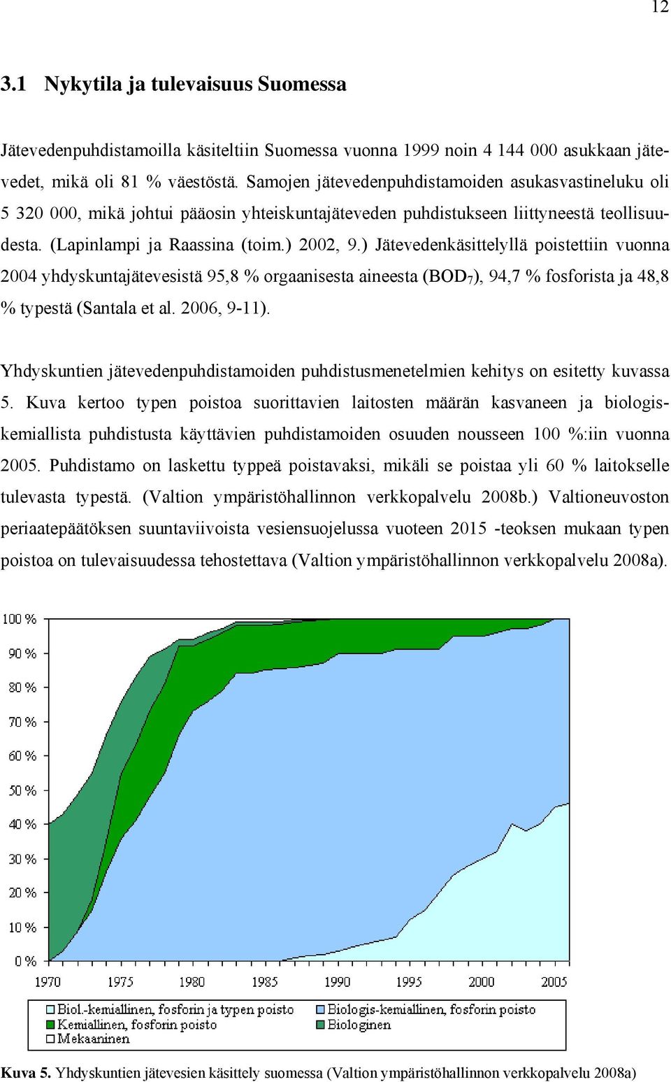 ) Jätevedenkäsittelyllä poistettiin vuonna 2004 yhdyskuntajätevesistä 95,8 % orgaanisesta aineesta (BOD 7 ), 94,7 % fosforista ja 48,8 % typestä (Santala et al. 2006, 9-11).