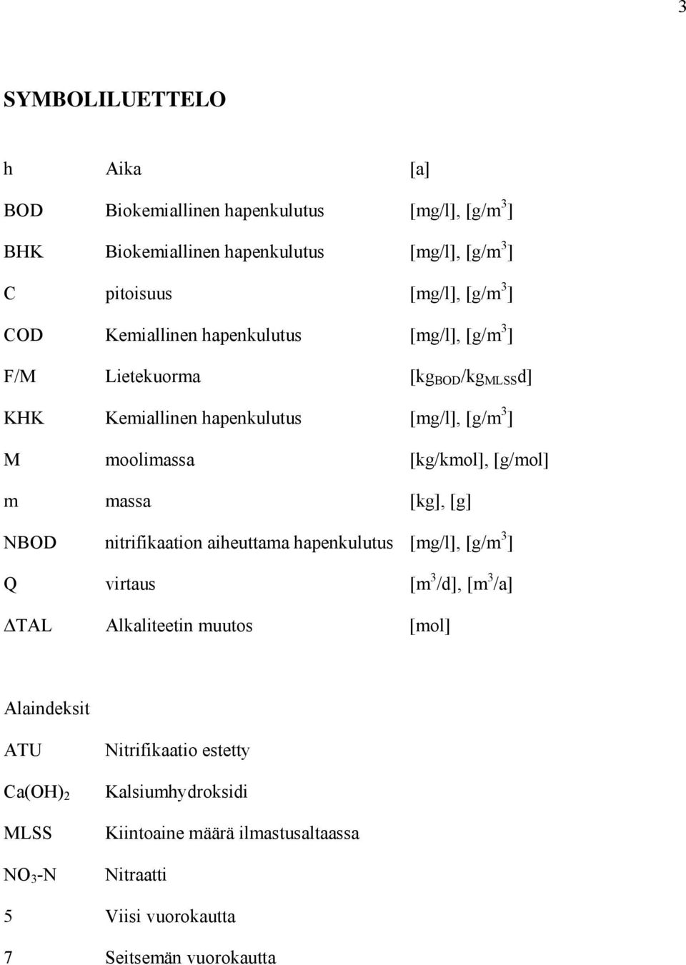 [g/mol] m massa [kg], [g] NBOD nitrifikaation aiheuttama hapenkulutus [mg/l], [g/m 3 ] Q virtaus [m 3 /d], [m 3 /a] TAL Alkaliteetin muutos [mol]