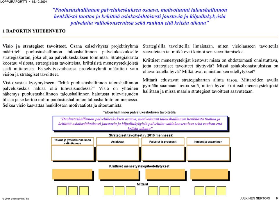 Osana esiselvitystä projektiryhmä määritteli puolustushallinnon taloushallinnon palvelukeskukselle strategiakartan, joka ohjaa palvelukeskuksen toimintaa.