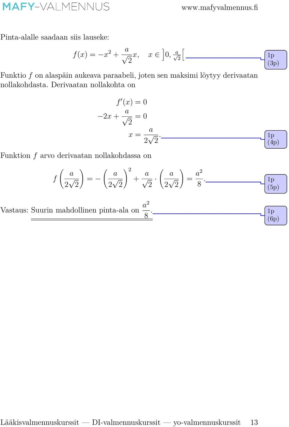 Derivaatan nollakohta on (3p) f (x) = 0 x + a = 0 x = Funktion f arvo derivaatan nollakohdassa on f a.