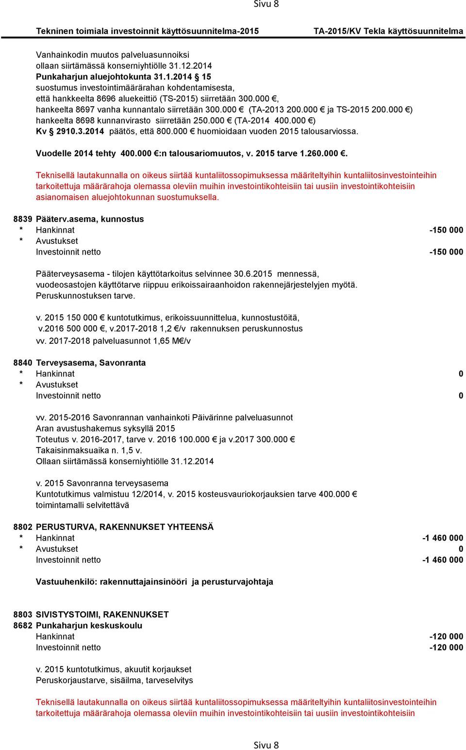 000 huomioidaan vuoden 2015 talousarviossa. Vuodelle 2014 tehty 400.000 :n talousariomuutos, v. 2015 tarve 1.260.000. 8839 Pääterv.