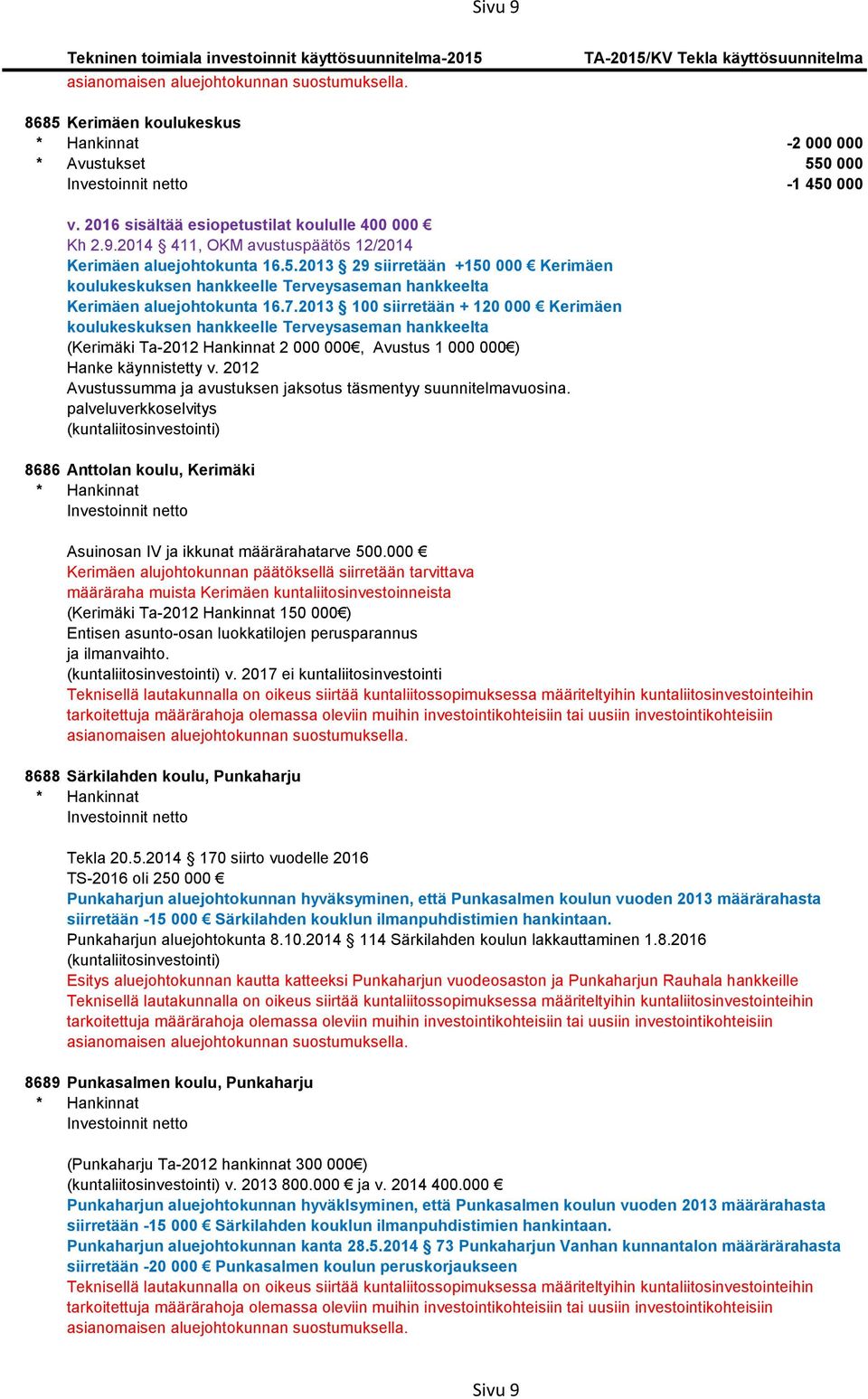 2012 Avustussumma ja avustuksen jaksotus täsmentyy suunnitelmavuosina. palveluverkkoselvitys (kuntaliitosinvestointi) 8686 Anttolan koulu, Kerimäki Asuinosan IV ja ikkunat määrärahatarve 500.