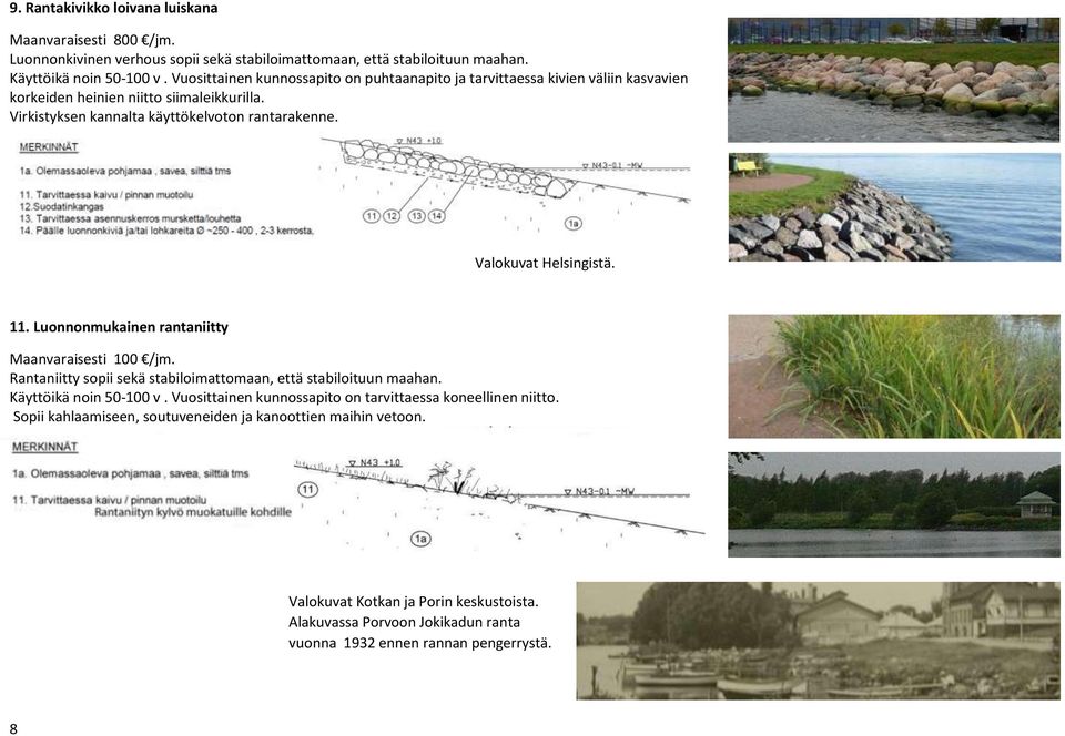 Valokuvat Helsingistä. 11. Luonnonmukainen rantaniitty Maanvaraisesti 100 /jm. Rantaniitty sopii sekä stabiloimattomaan, että stabiloituun maahan. Käyttöikä noin 50-100 v.