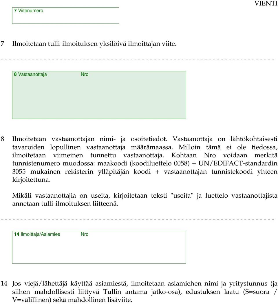 Kohtaan Nro voidaan merkitä tunnistenumero muodossa: maakoodi (koodiluettelo 0058) + UN/EDIFACT-standardin 3055 mukainen rekisterin ylläpitäjän koodi + vastaanottajan tunnistekoodi yhteen