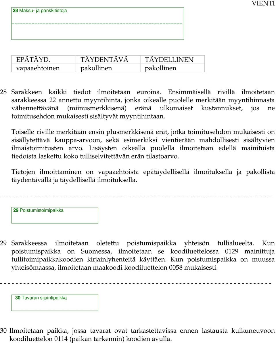 Ensimmäisellä rivillä ilmoitetaan sarakkeessa 22 annettu myyntihinta, jonka oikealle puolelle merkitään myyntihinnasta vähennettävänä (miinusmerkkisenä) eränä ulkomaiset kustannukset, jos ne