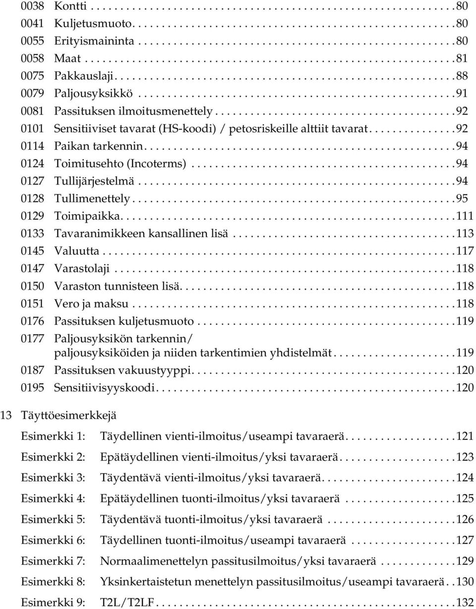 ........................................92 0101 Sensitiiviset tavarat (HS-koodi) / petosriskeille alttiit tavarat...............92 0114 Paikan tarkennin.....................................................94 0124 Toimitusehto (Incoterms).