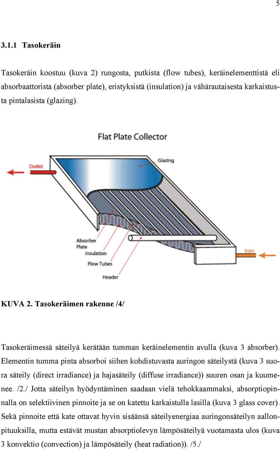 pintalasista (glazing). KUVA 2. Tasokeräimen rakenne /4/ Tasokeräimessä säteilyä kerätään tumman keräinelementin avulla (kuva 3 absorber).