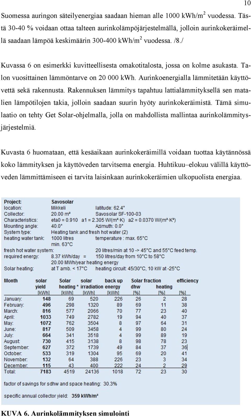 / Kuvassa 6 on esimerkki kuvitteellisesta omakotitalosta, jossa on kolme asukasta. Talon vuosittainen lämmöntarve on 20 000 kwh. Aurinkoenergialla lämmitetään käyttövettä sekä rakennusta.