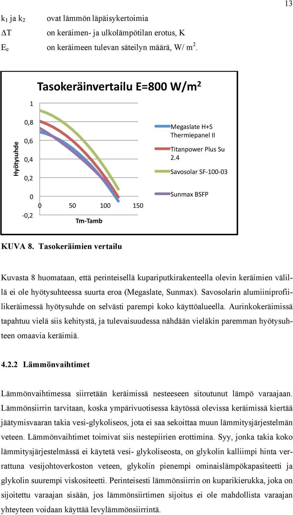 Tasokeräimien vertailu Kuvasta 8 huomataan, että perinteisellä kupariputkirakenteella olevin keräimien välillä ei ole hyötysuhteessa suurta eroa (Megaslate, Sunmax).