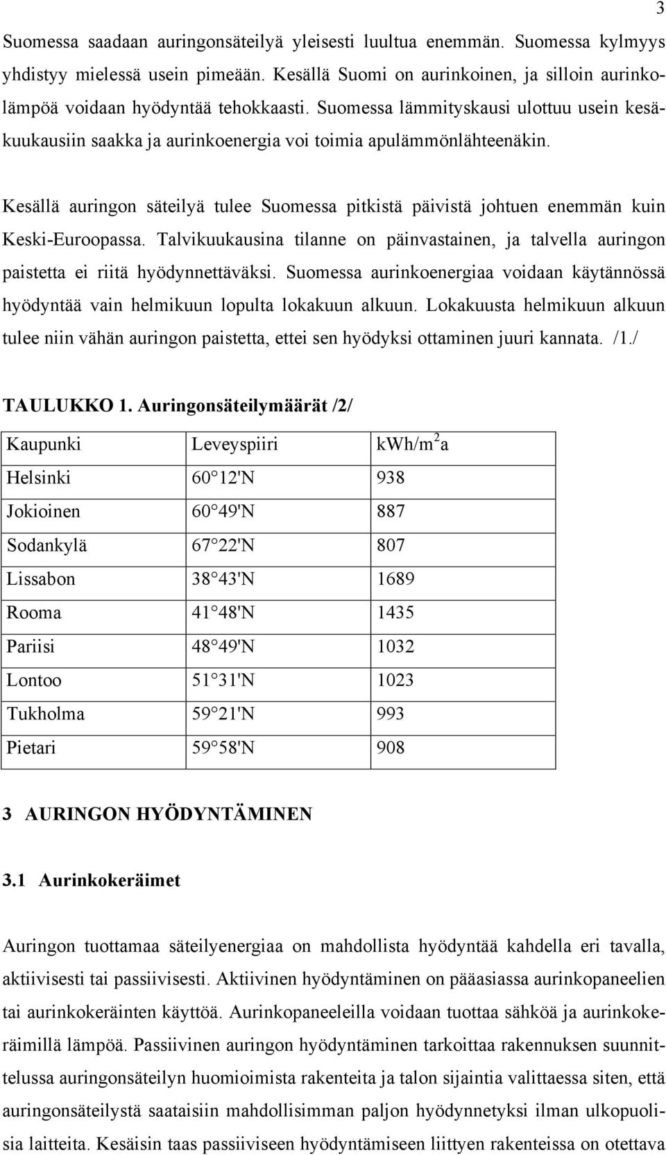 Kesällä auringon säteilyä tulee Suomessa pitkistä päivistä johtuen enemmän kuin Keski-Euroopassa. Talvikuukausina tilanne on päinvastainen, ja talvella auringon paistetta ei riitä hyödynnettäväksi.