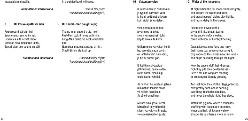 Finnish folk poem (Translation: Jaakko Mäntyjärvi) 10 Viatonten valssi 10 Waltz of the Innocents Kun kesäinen yö oli kirkkain ja tyyninä valvoivat veet ja helisi soittimet sirkkain kuin viulut ja