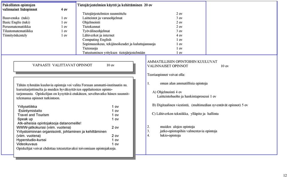 kuluttajansuoja Tietosuoja Tutustuminen yrityksen tietojärjestelmään 2 ov 3 ov 2 ov 2 ov 3 ov 4 ov 1 ov 1 ov 1 ov 1 ov VAPAASTI VALITTAVAT OPINNOT 10 ov AMMATILLISIIN OPINTOIHIN KUULUVAT VALINNAISET