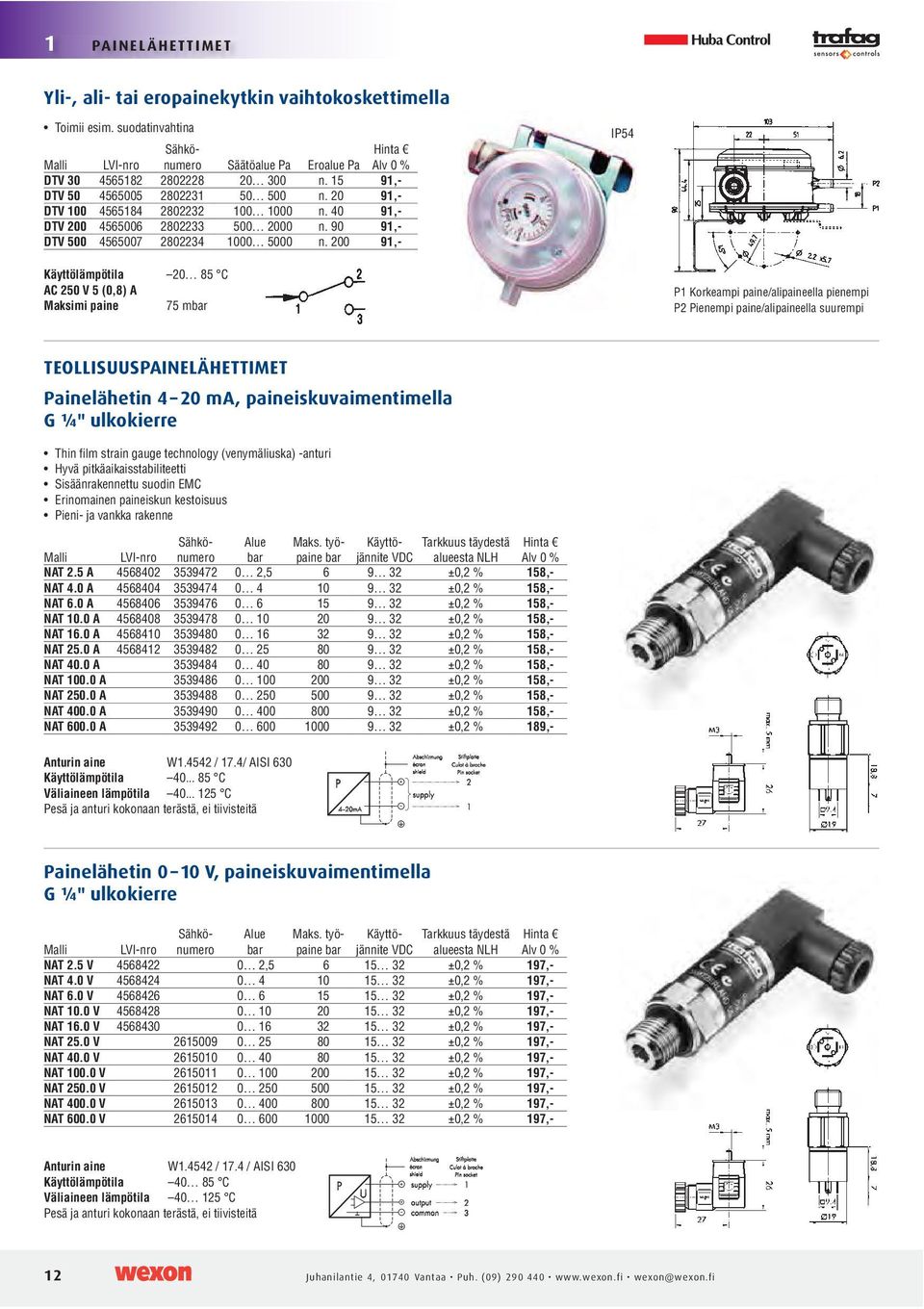 200 91,- IP54 Käyttölämpötila 20 85 C AC 250 V 5 (0,8) A Maksimi paine 75 mbar P1 Korkeampi paine/alipaineella pienempi P2 Pienempi paine/alipaineella suurempi TEOLLISUUSPAINELÄHETTIMET Painelähetin