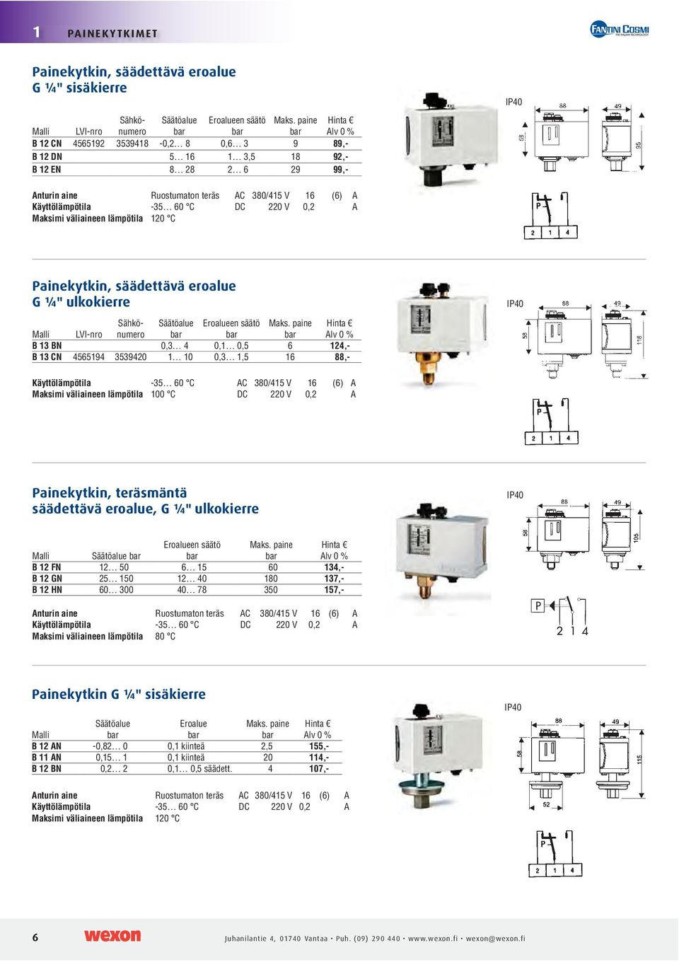 lämpötila 120 C AC 380/415 V 16 (6) A DC 220 V 0,2 A Painekytkin, säädettävä eroalue G ¼" ulkokierre IP40 LVI-nro Sähkönumero Säätöalue bar Eroalueen säätö bar Maks.