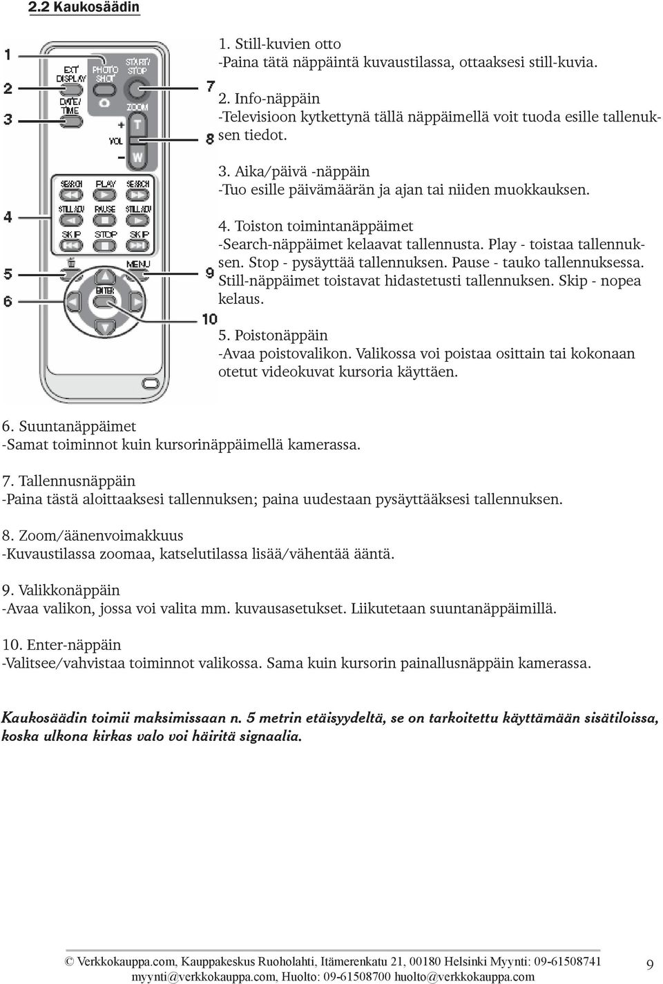 Stop - pysäyttää tallennuksen. Pause - tauko tallennuksessa. Still-näppäimet toistavat hidastetusti tallennuksen. Skip - nopea kelaus. 5. Poistonäppäin -Avaa poistovalikon.