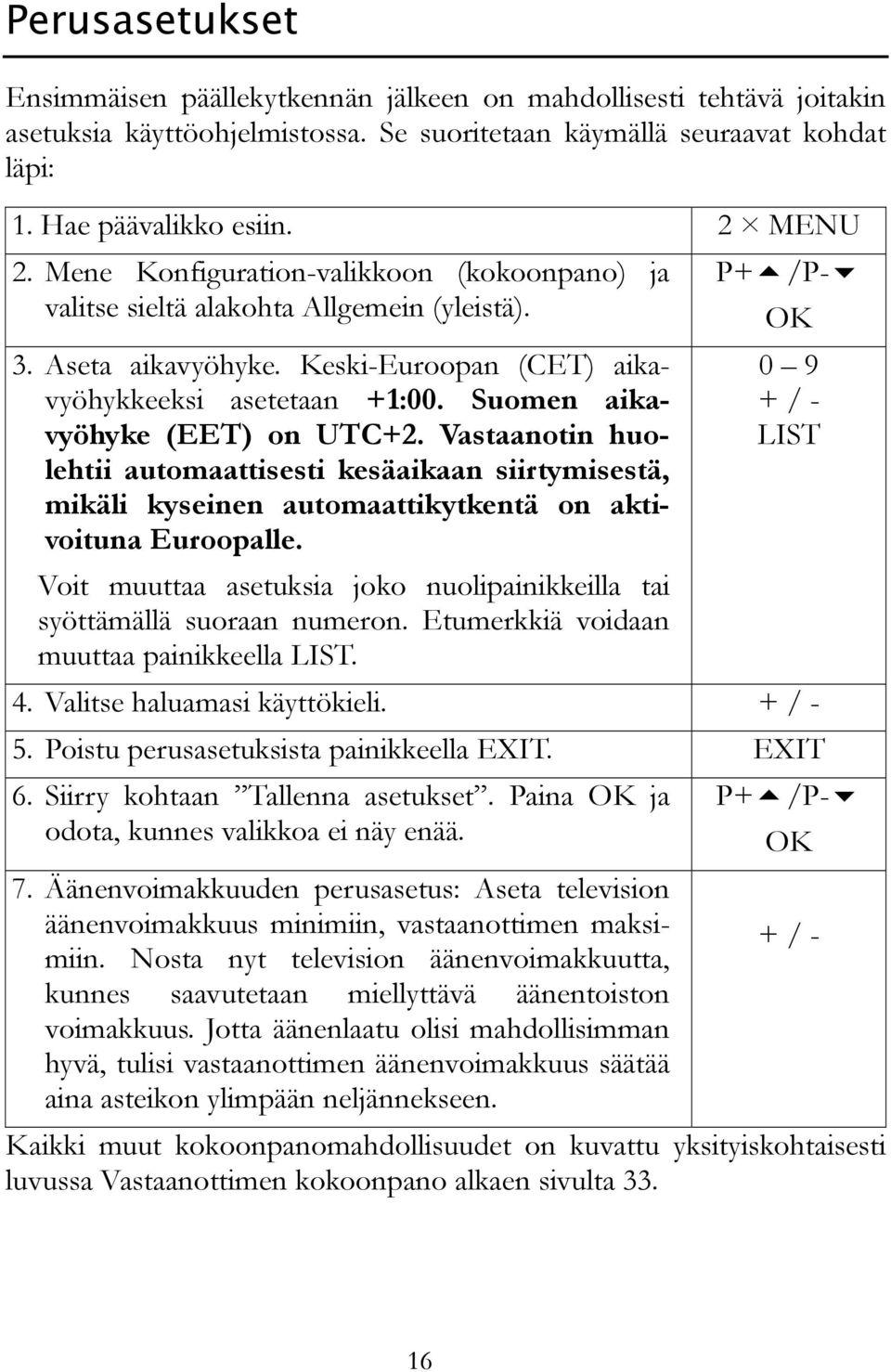 Suomen aikavyöhyke (EET) on UTC+2. Vastaanotin huolehtii automaattisesti kesäaikaan siirtymisestä, mikäli kyseinen automaattikytkentä on aktivoituna Euroopalle.