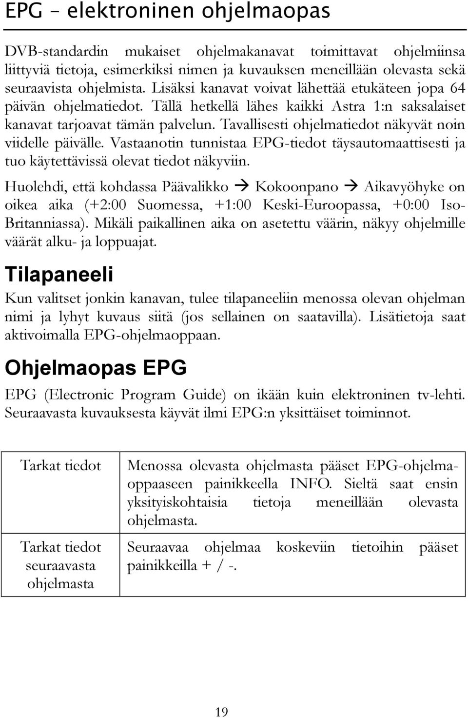 Tavallisesti ohjelmatiedot näkyvät noin viidelle päivälle. Vastaanotin tunnistaa EPG-tiedot täysautomaattisesti ja tuo käytettävissä olevat tiedot näkyviin.