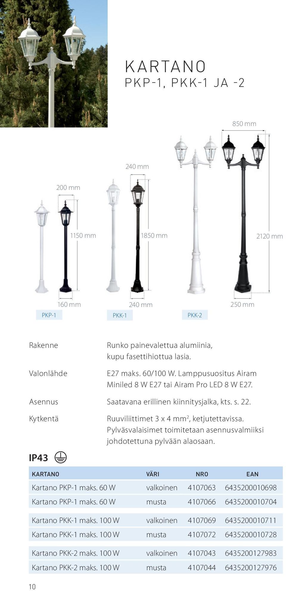 Pylväsvalaisimet toimitetaan asennusvalmiiksi johdotettuna pylvään alaosaan. KARTANO VÄRI NRO EAN Kartano PKP-1 maks. 60 W valkoinen 4107063 6435200010698 Kartano PKP-1 maks.