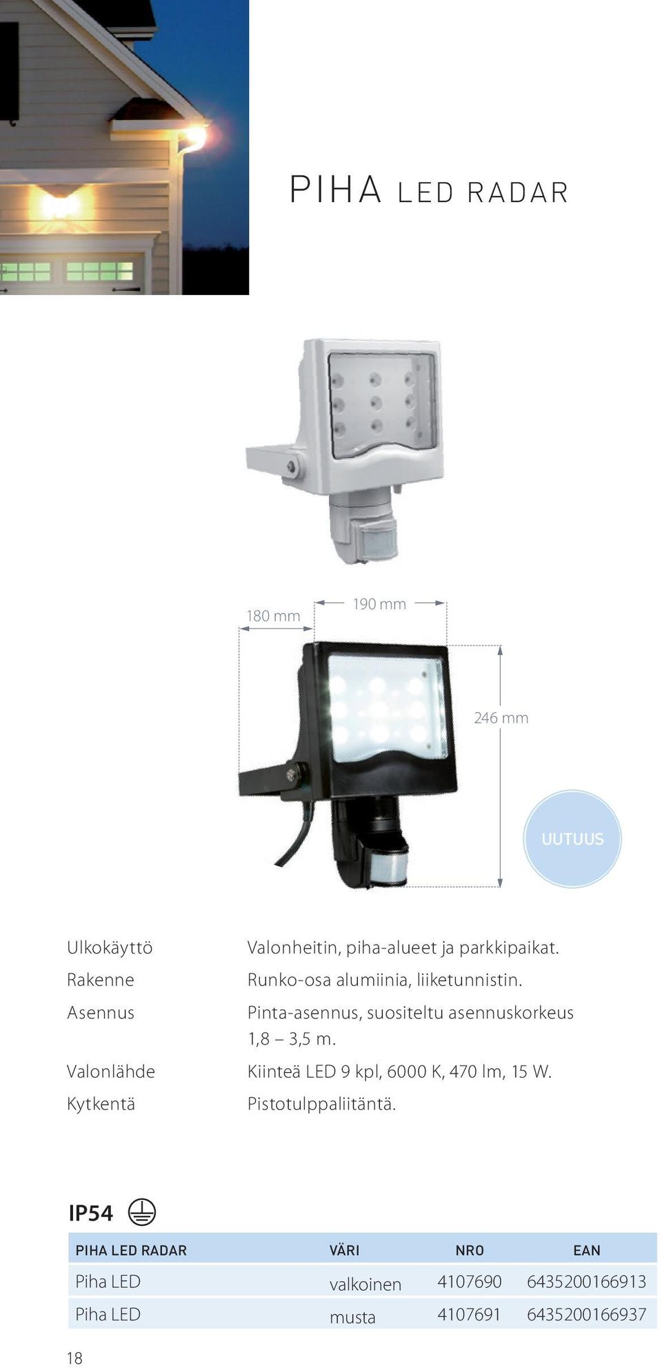 Pinta-asennus, suositeltu asennuskorkeus 1,8 3,5 m. Kiinteä LED 9 kpl, 6000 K, 470 lm, 15 W.