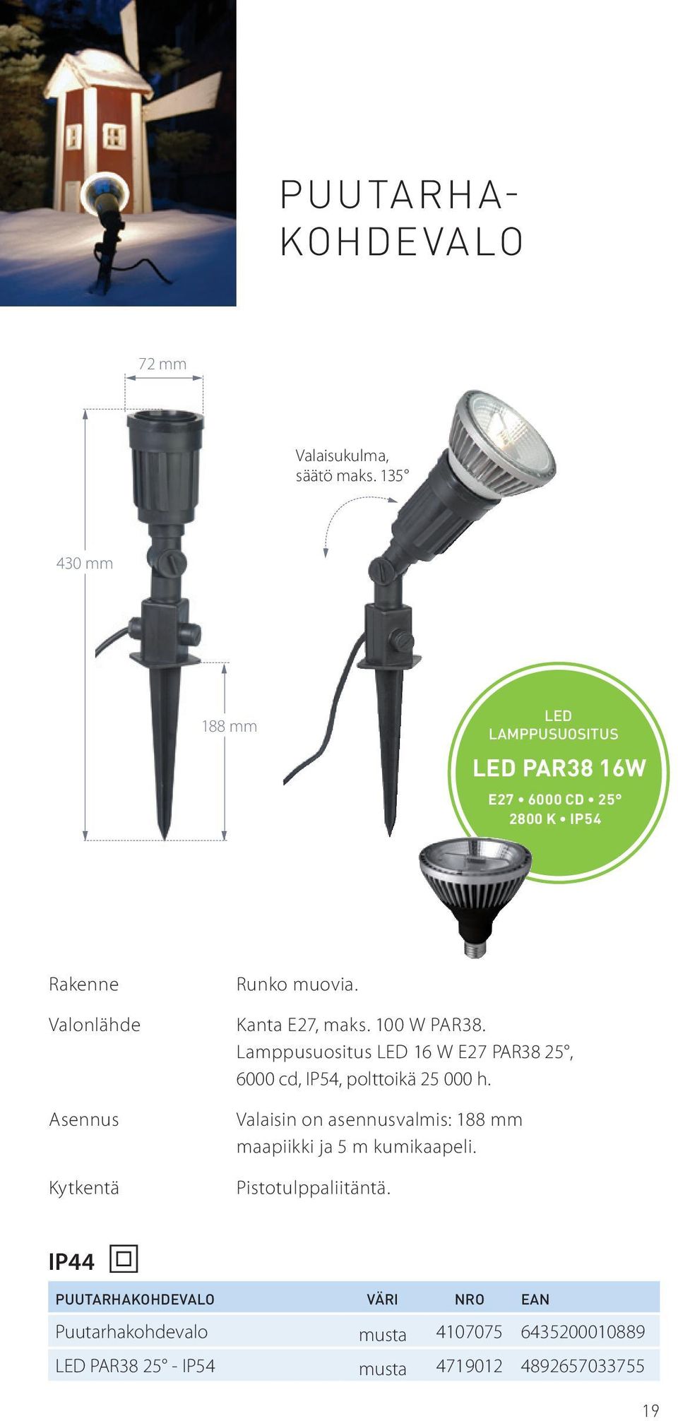 100 W PAR38. Lamppusuositus LED 16 W E27 PAR38 25, 6000 cd, IP54, polttoikä 25 000 h.