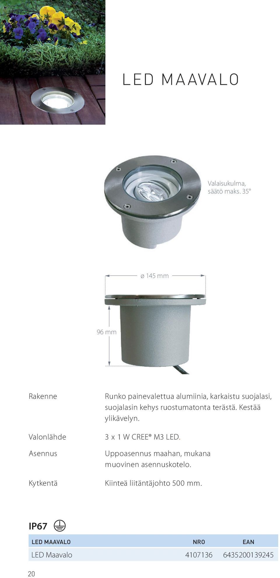 suojalasin kehys ruostumatonta terästä. Kestää ylikävelyn. 3 x 1 W CREE M3 LED.