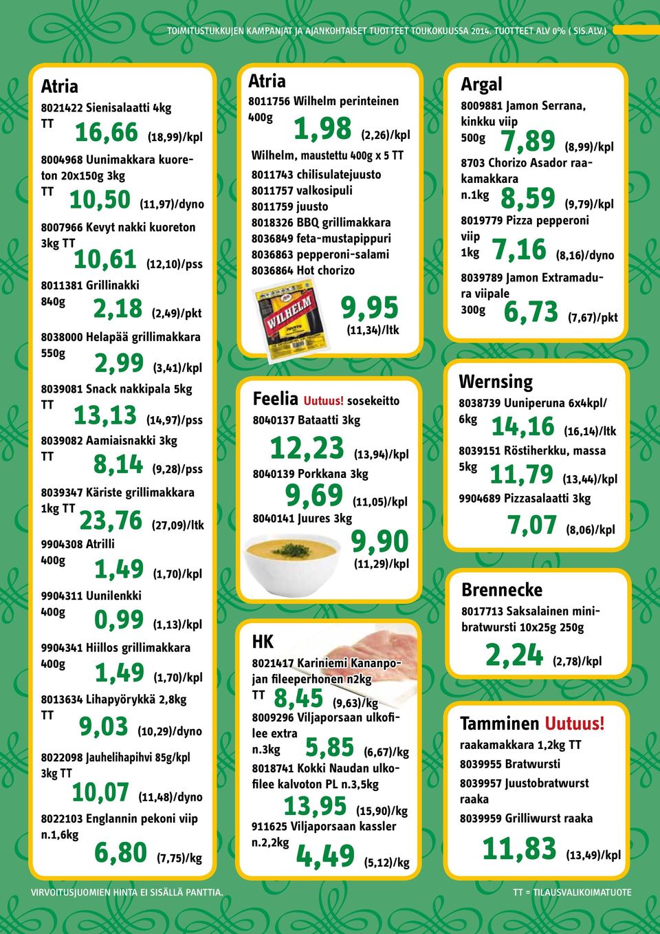 ) Atria 8021422 Sienisalaatti 4kg 16,66 (18,99)/kpl 8004968 Uunimakkara kuoreton 20x150g 3kg 10,50 (11,97)/dyno 8007966 Kevyt nakki kuoreton 3kg 10,61 (12,10)/pss 8011381 Grillinakki 840g 2,18