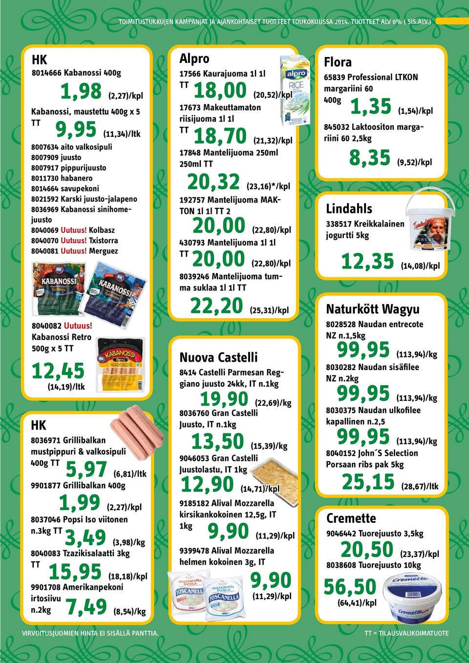 ) HK 8014666 Kabanossi 400g 1,98 (2,27)/kpl Kabanossi, maustettu 400g x 5 9,95 (11,34)/ltk 8007634 aito valkosipuli 8007909 juusto 8007917 pippurijuusto 8011730 habanero 8014664 savupekoni 8021592