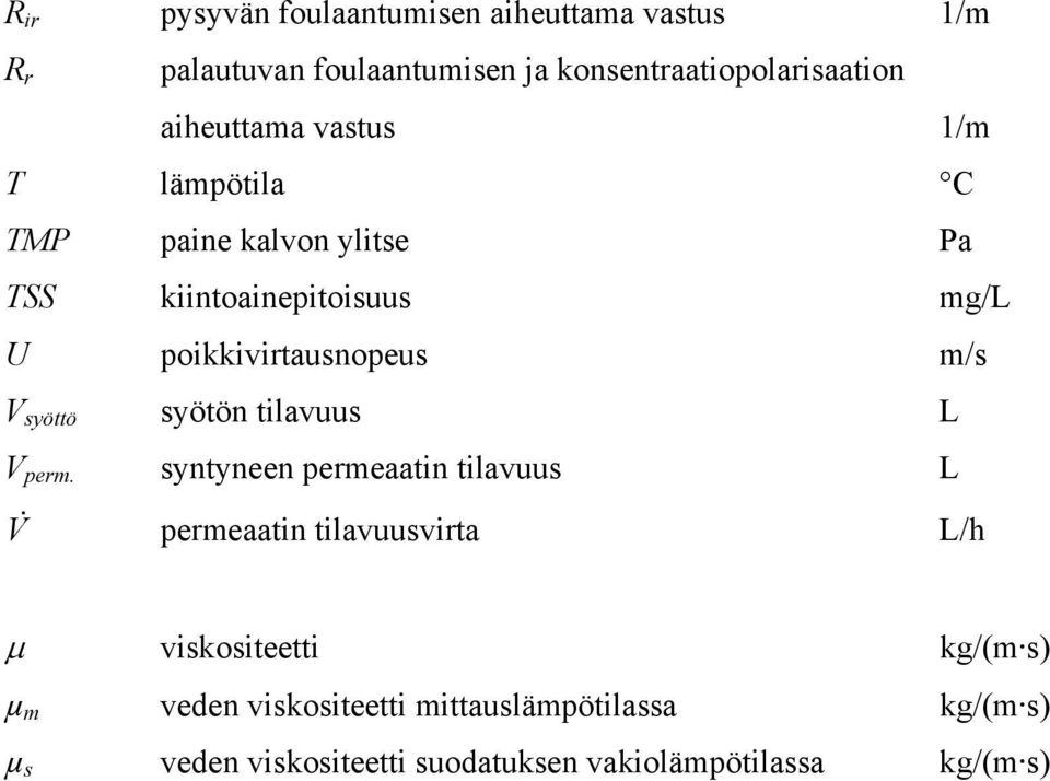 m/s V syöttö syötön tilavuus L V perm.