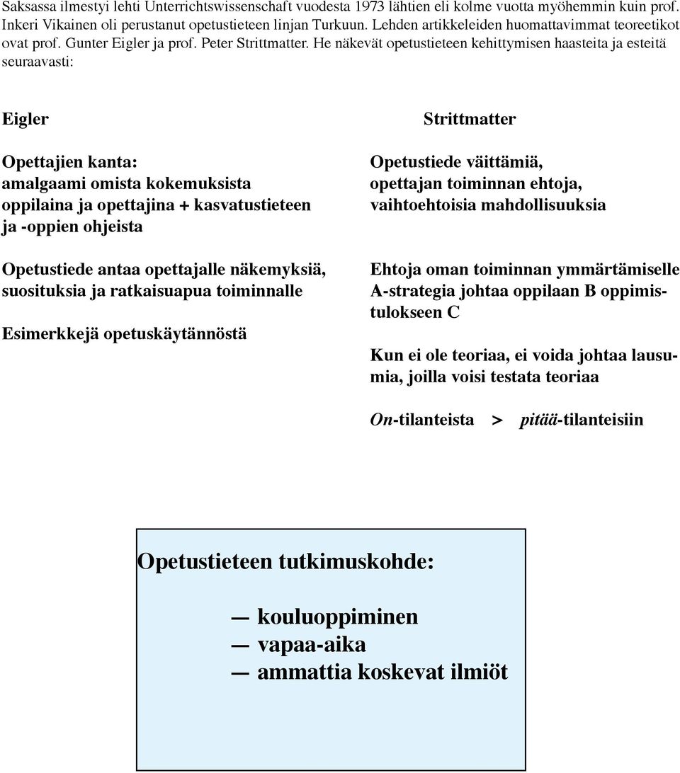He näkevät opetustieteen kehittymisen haasteita ja esteitä seuraavasti: Eigler Opettajien kanta: amalgaami omista kokemuksista oppilaina ja opettajina + kasvatustieteen ja -oppien ohjeista