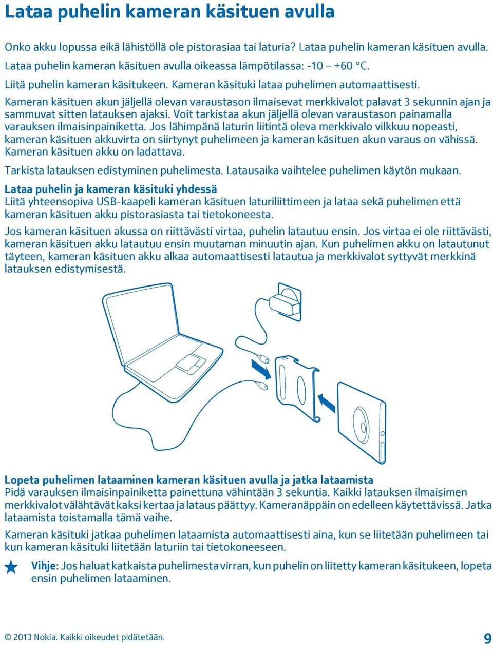 Kameran käsituen akun jäljellä olevan varaustason ilmaisevat merkkivalot palavat 3 sekunnin ajan ja sammuvat sitten latauksen ajaksi.