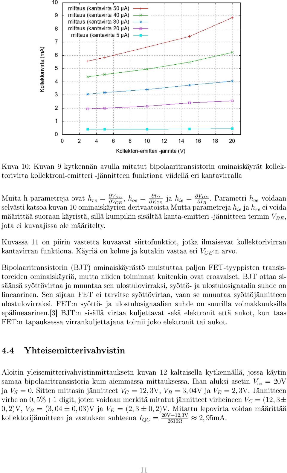 Parametri h oe voidaan selvästi katsoa kuvan 10 ominaiskäyrien derivaatoista Mutta parametreja h ie ja h re ei voida määrittää suoraan käyristä, sillä kumpikin sisältää kanta-emitteri -jännitteen