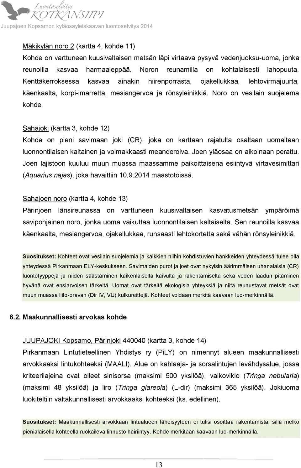 Sahajoki (kartta 3, kohde 12) Kohde on pieni savimaan joki (CR), joka on karttaan rajatulta osaltaan uomaltaan luonnontilaisen kaltainen ja voimakkaasti meanderoiva. Joen yläosaa on aikoinaan perattu.