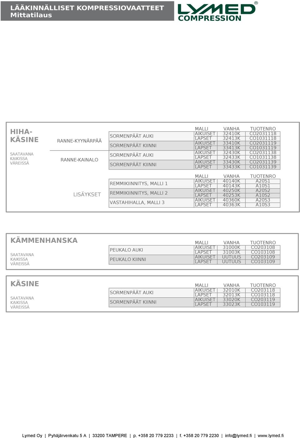 AIKUISET 40140K A20S1 LAPSET 40143K A10S1 AIKUISET 40250K A20S2 LAPSET 40253K A10S2 AIKUISET 40360K A20S3 LAPSET 40363K A10S3 KÄMMENHANSKA PEUKALO AUKI PEUKALO KIINNI AIKUISET 31000K CO203108