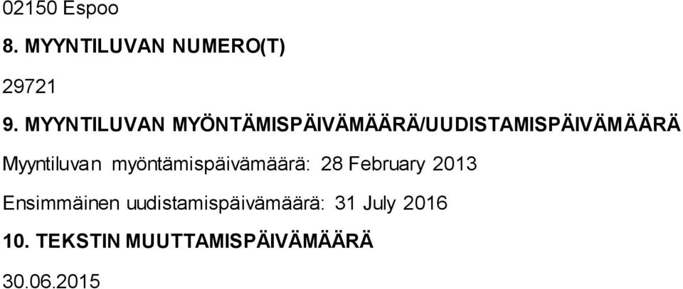 Myyntiluvan myöntämispäivämäärä: 28 February 2013