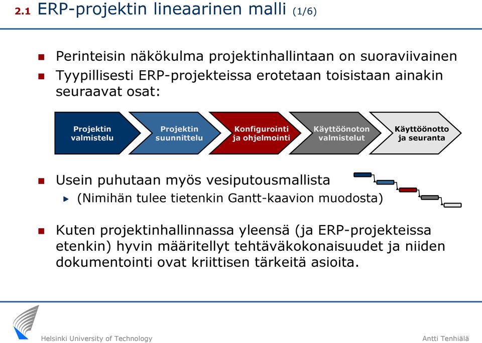 Käyttöönotto ja seuranta Usein puhutaan myös vesiputousmallista (Nimihän tulee tietenkin Gantt-kaavion muodosta) Kuten