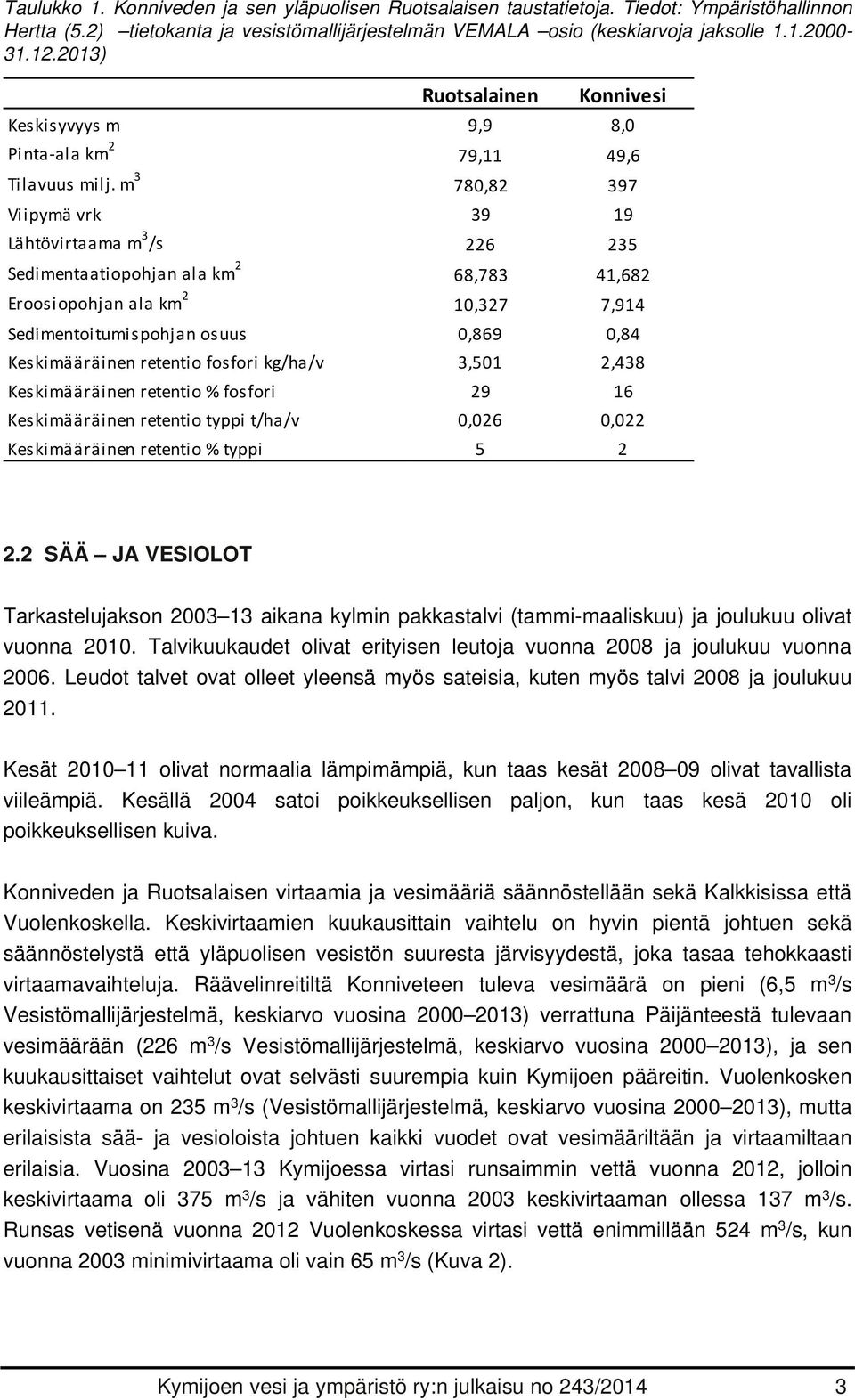m 3 78,82 397 Viipymä vrk 39 19 Lähtövirtaama m 3 /s 226 235 Sedimentaatiopohjan ala km 2 68,783 41,682 Eroosiopohjan ala km 2 1,327 7,914 Sedimentoitumispohjan osuus,869,84 Keskimääräinen retentio