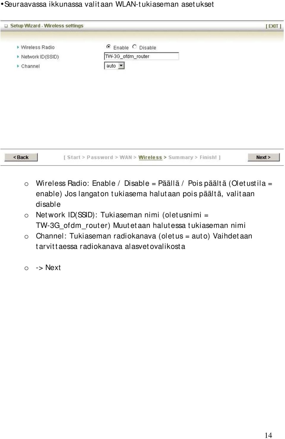 Network ID(SSID): Tukiaseman nimi (oletusnimi = TW-3G_ofdm_router) Muutetaan halutessa tukiaseman nimi o