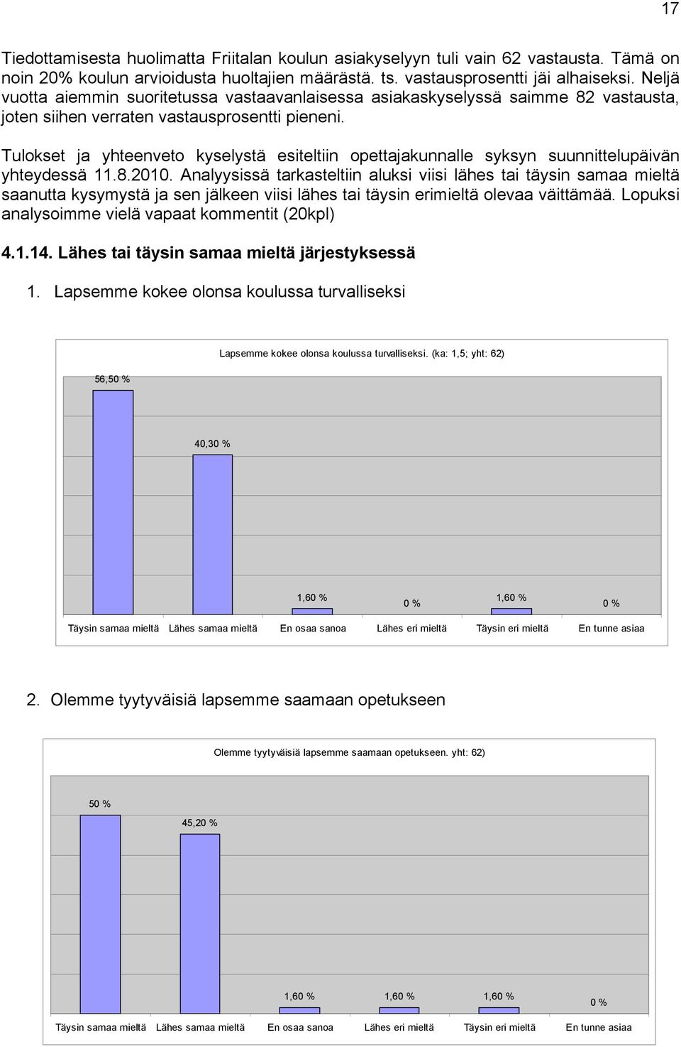 Tulokset ja yhteenveto kyselystä esiteltiin opettajakunnalle syksyn suunnittelupäivän yhteydessä 11.8.2010.