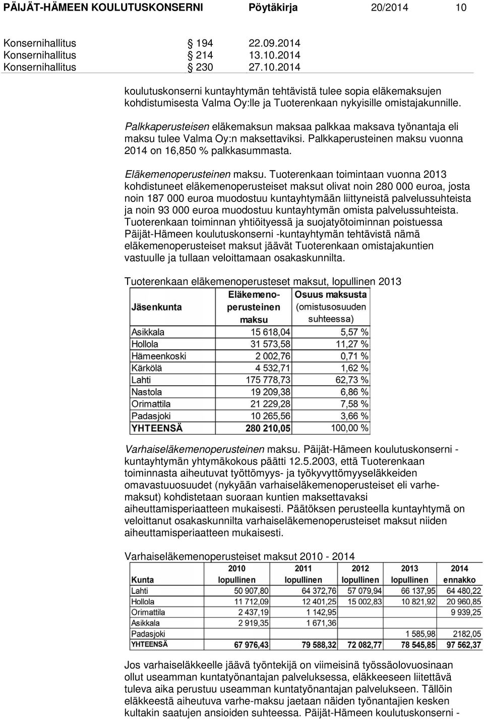 Tuoterenkaan toimintaan vuonna 2013 kohdistuneet eläkemenoperusteiset maksut olivat noin 280 000 euroa, josta noin 187 000 euroa muodostuu kuntayhtymään liittyneistä palvelussuhteista ja noin 93 000