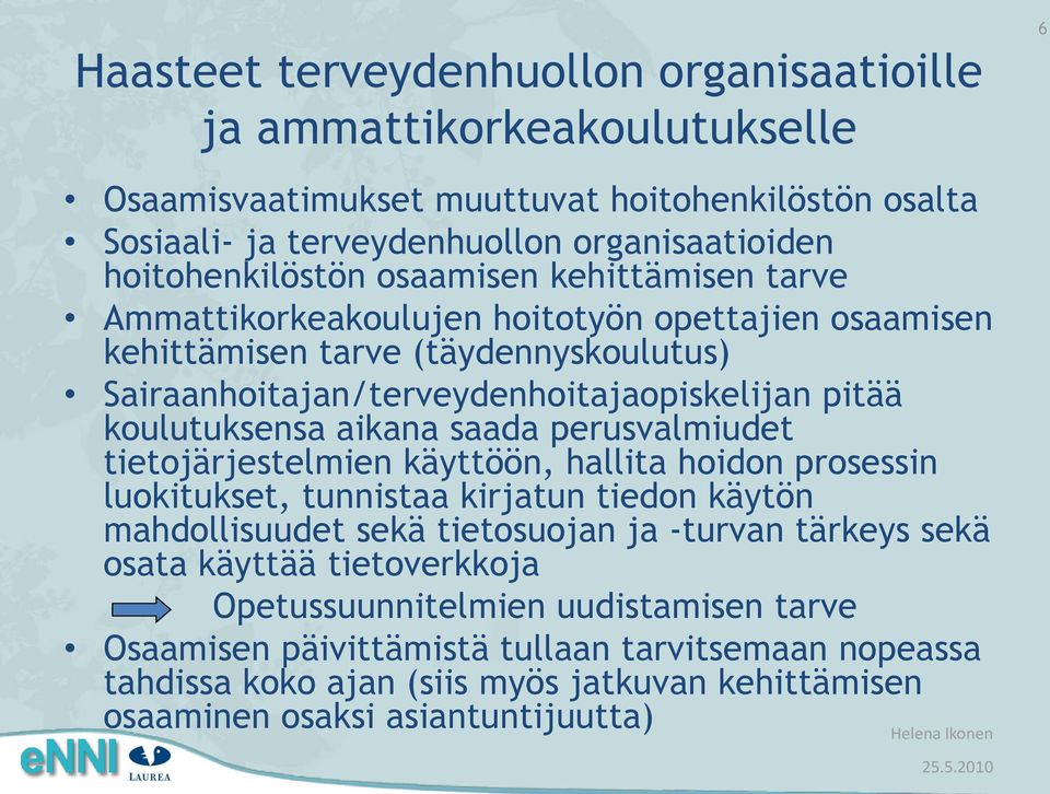 saada perusvalmiudet tietojärjestelmien käyttöön, hallita hoidon prosessin luokitukset, tunnistaa kirjatun tiedon käytön mahdollisuudet sekä tietosuojan ja -turvan tärkeys sekä osata käyttää