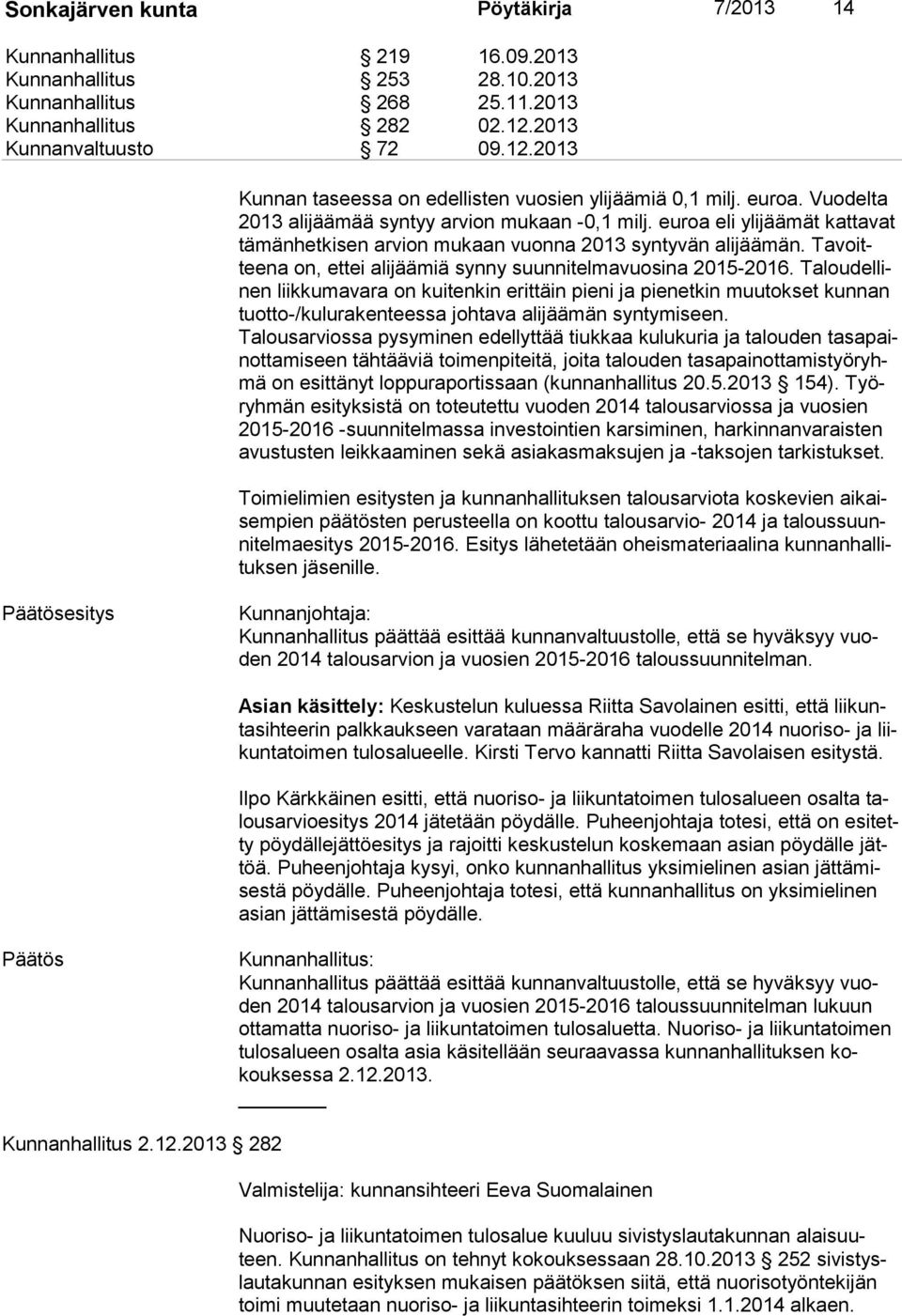 euroa eli ylijäämät kattavat tä män het ki sen arvion mukaan vuonna 2013 syntyvän alijäämän. Ta voittee na on, ettei alijäämiä synny suunnitelmavuosina 2015-2016.