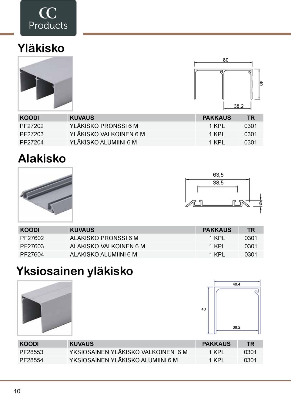 ALAKISKO VALKOINEN 6 M 1 KPL 0301 PF27604 ALAKISKO ALUMIINI 6 M 1 KPL 0301 Yksiosainen yläkisko 40,4 40