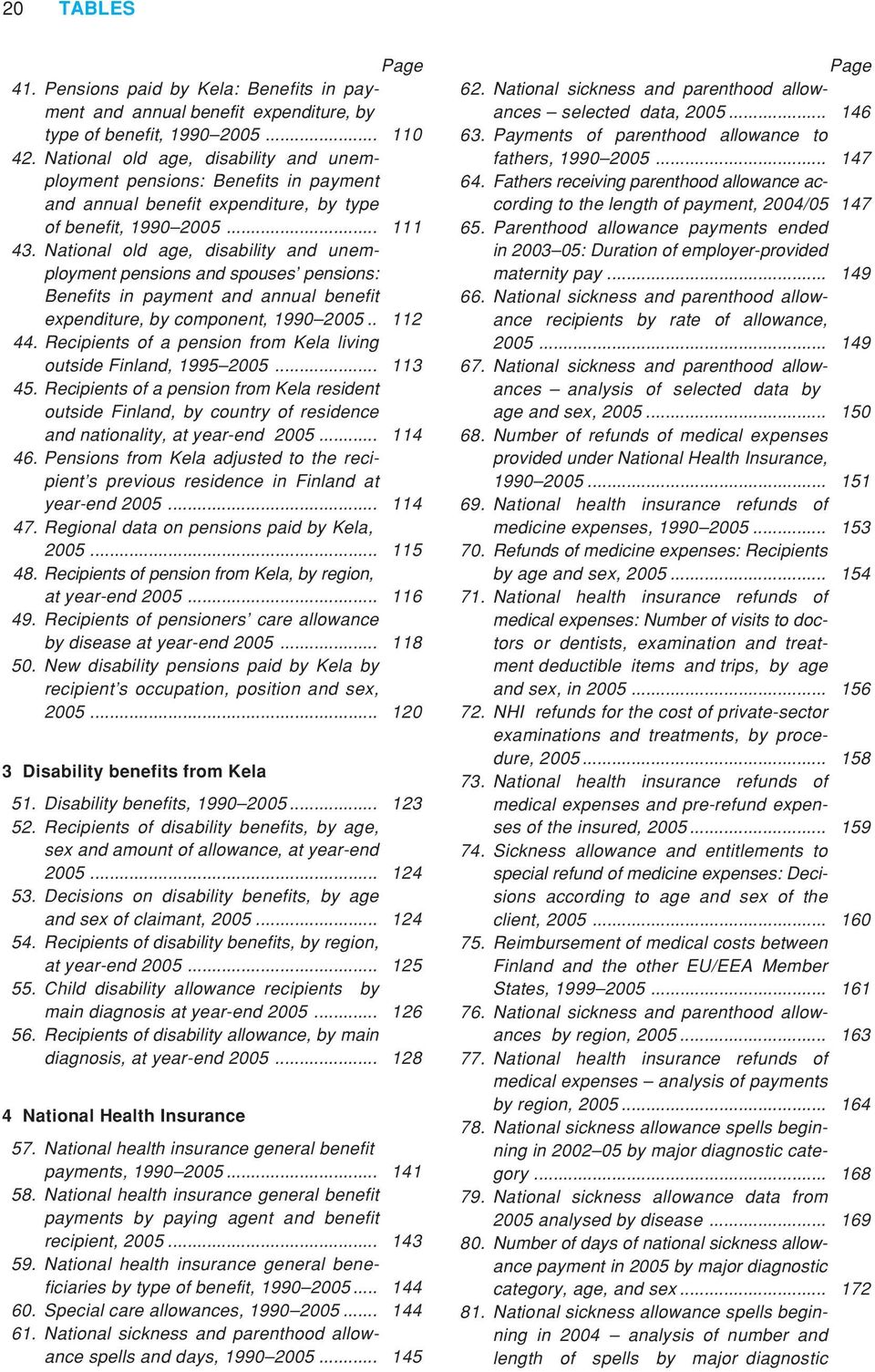 National old age, disability and unemployment pensions and spouses pensions: Benefits in payment and annual benefit expenditure, by component, 1990 2005.. 112 44.