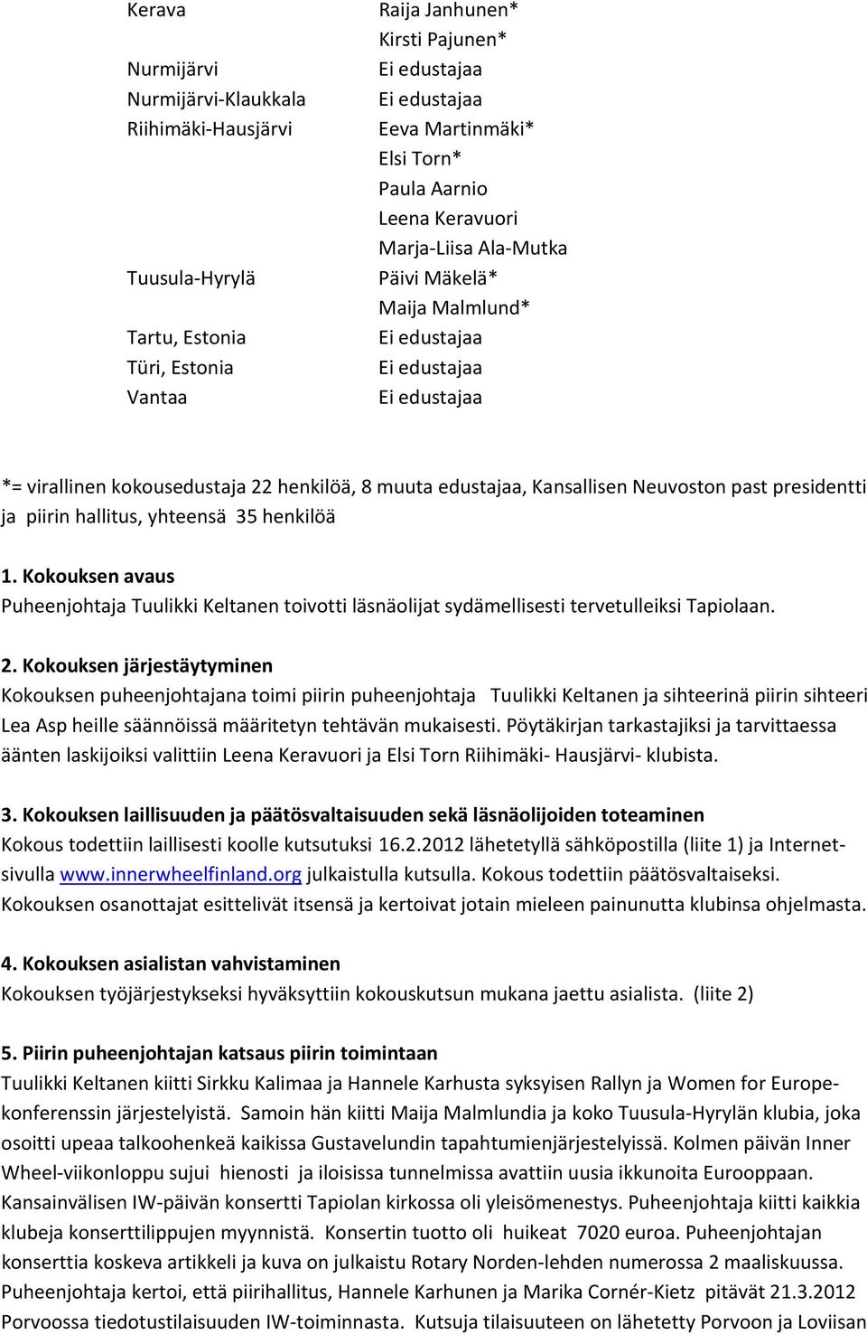 Kokouksen avaus Puheenjohtaja Tuulikki Keltanen toivotti läsnäolijat sydämellisesti tervetulleiksi Tapiolaan. 2.