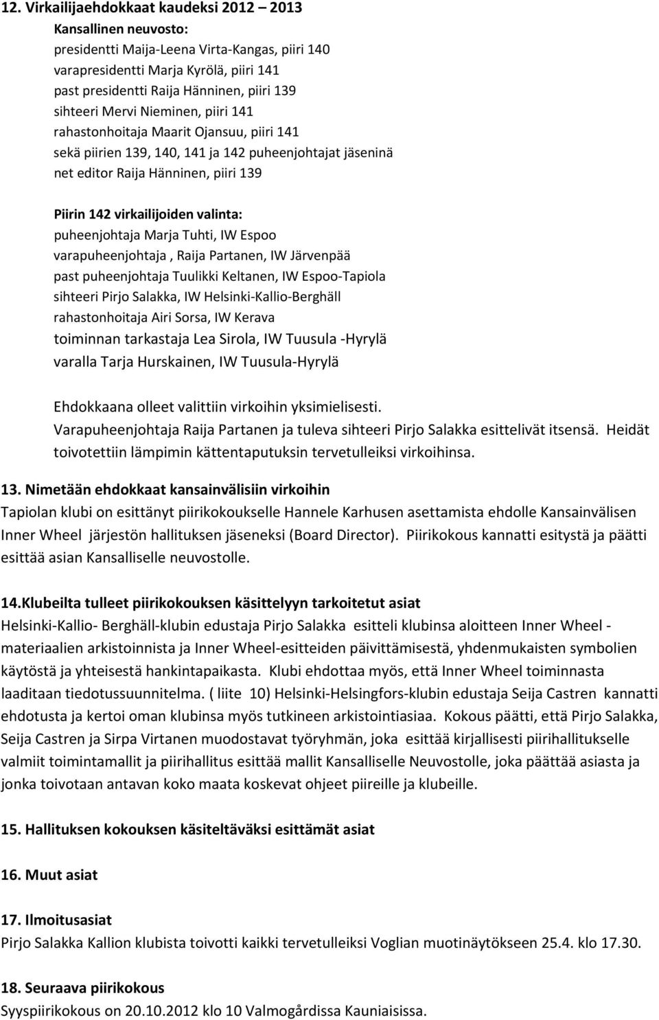 valinta: puheenjohtaja Marja Tuhti, IW Espoo varapuheenjohtaja, Raija Partanen, IW Järvenpää past puheenjohtaja Tuulikki Keltanen, IW Espoo Tapiola sihteeri Pirjo Salakka, IW Helsinki Kallio Berghäll