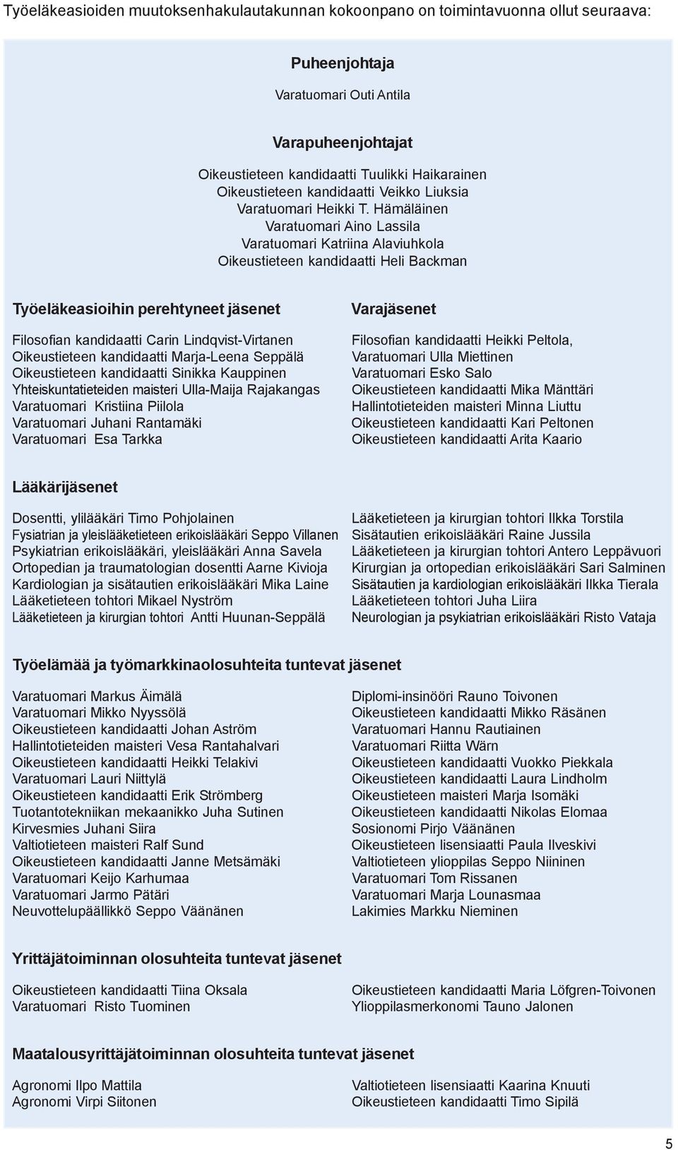 Hämäläinen Varatuomari Aino Lassila Varatuomari Katriina Alaviuhkola Oikeustieteen kandidaatti Heli Backman Työeläkeasioihin perehtyneet jäsenet Filosofian kandidaatti Carin Lindqvist-Virtanen